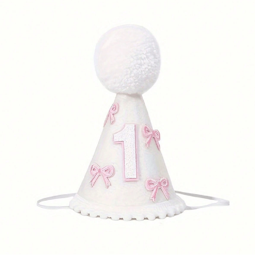 White party hat with pink bows and number '1' on a white background