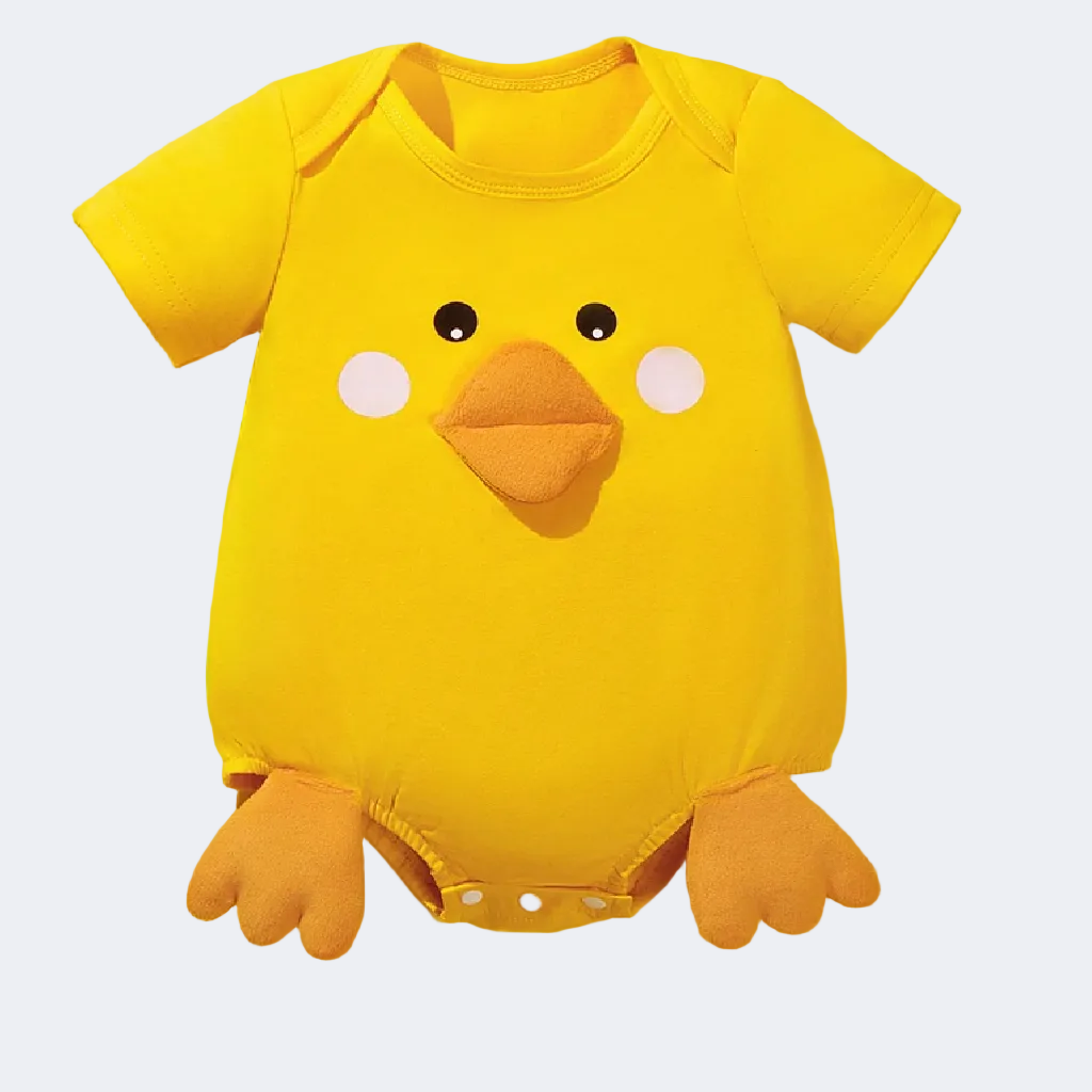 Yellow baby onesie with a chick design on a yellow background