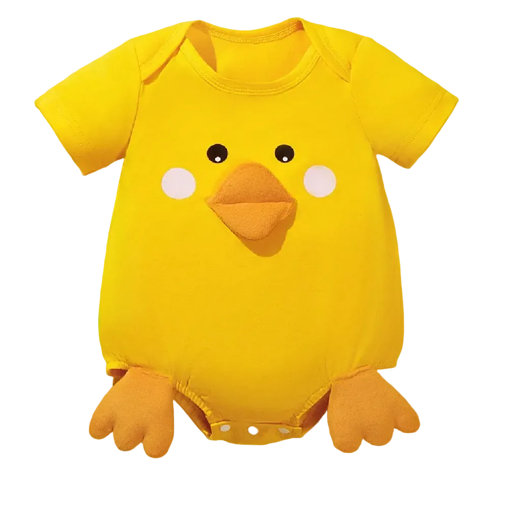 Yellow baby onesie with a chick design on a yellow background