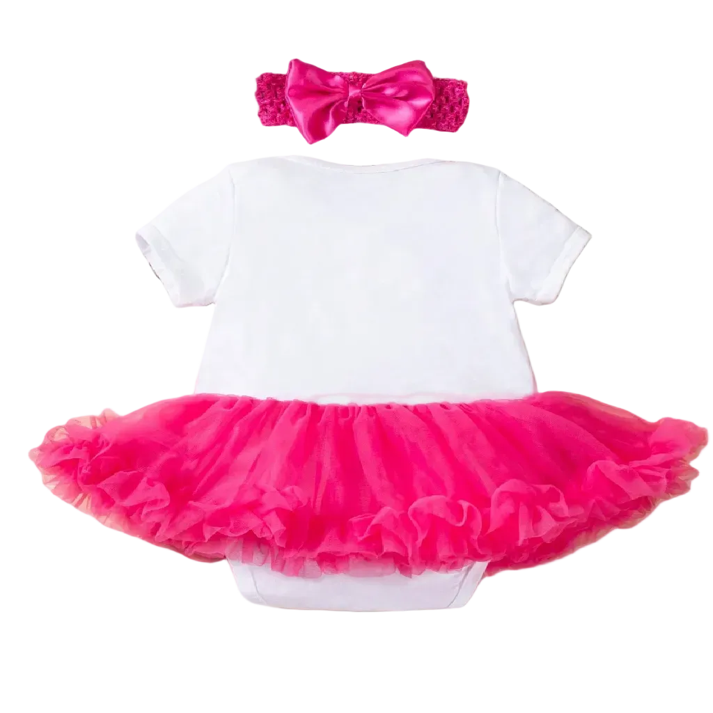 White baby outfit with pink tutu skirt and matching headband on a white background