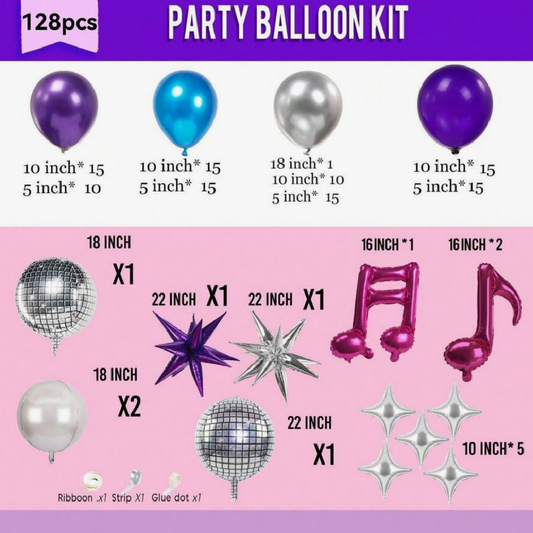 Party balloon kit with various balloons and decorations on a pink and purple background