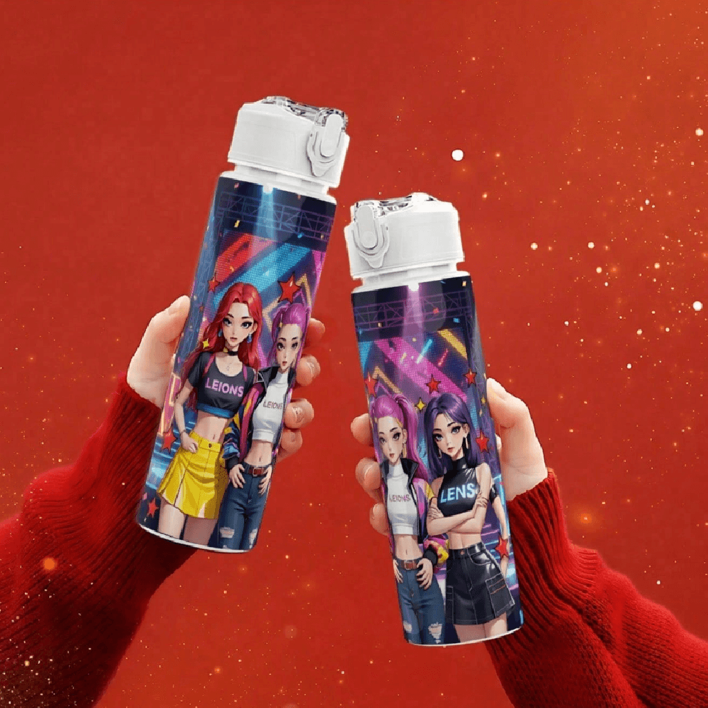 Two colorful bottles with character designs held against a red background