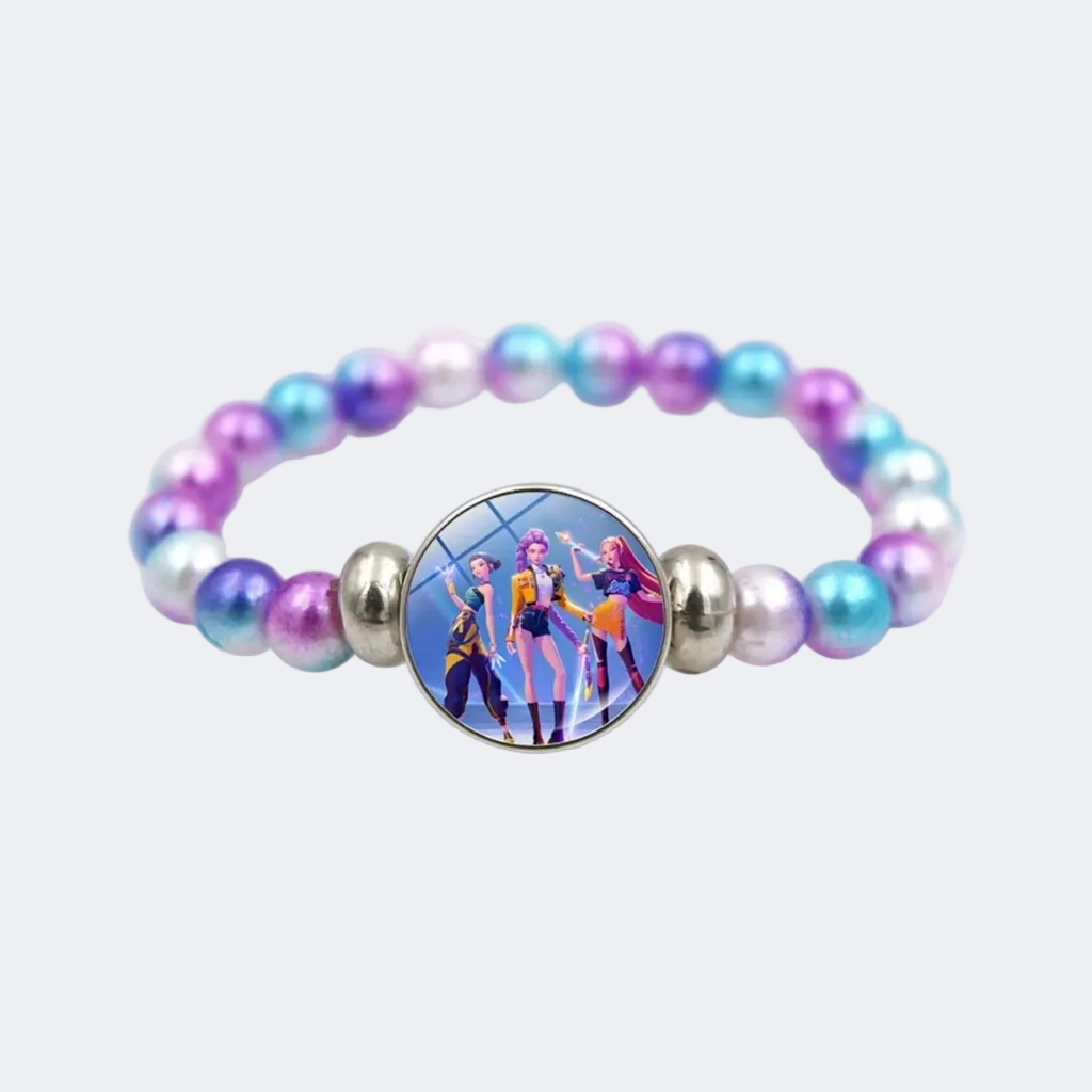 Multicolored beaded bracelet with a circular charm featuring characters on a white background