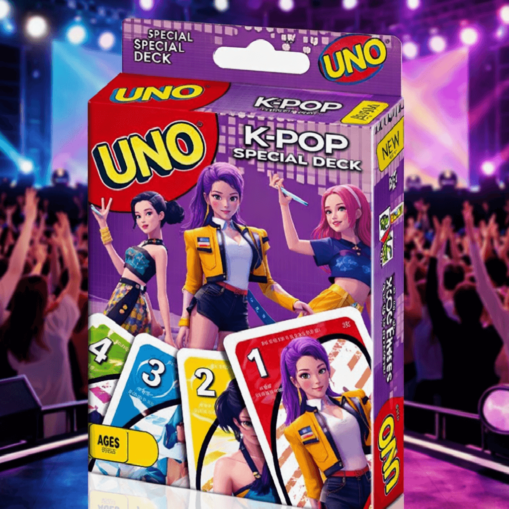 UNO K-POP Special Deck packaging with colorful design and characters on a stage background