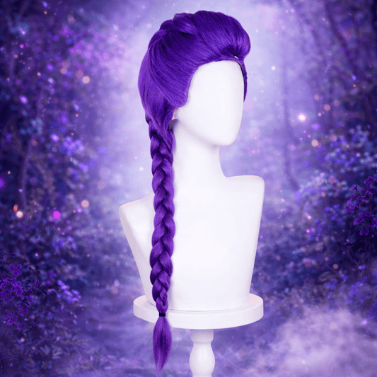Purple braided wig on a mannequin head against a purple gradient background