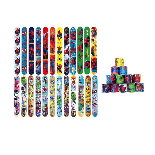 Colorful slap bracelets with superhero designs