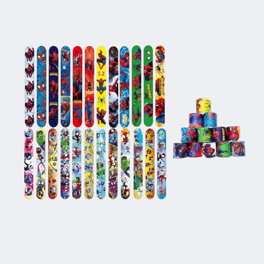 Colorful slap bracelets with superhero designs