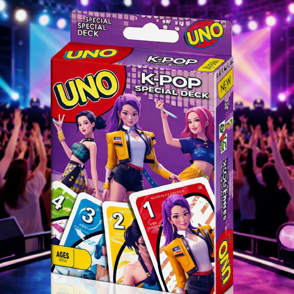 UNO K-POP Special Deck packaging with colorful characters and cards on a stage background