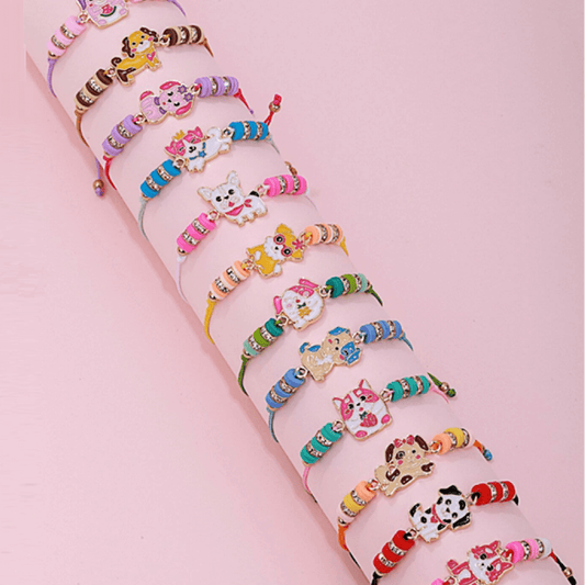 Colorful animal-themed braided bracelets with dog charms.