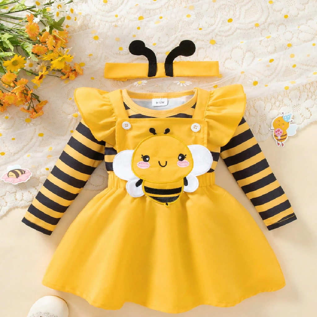Yellow bee-themed dress with black stripes and a headband on a light background