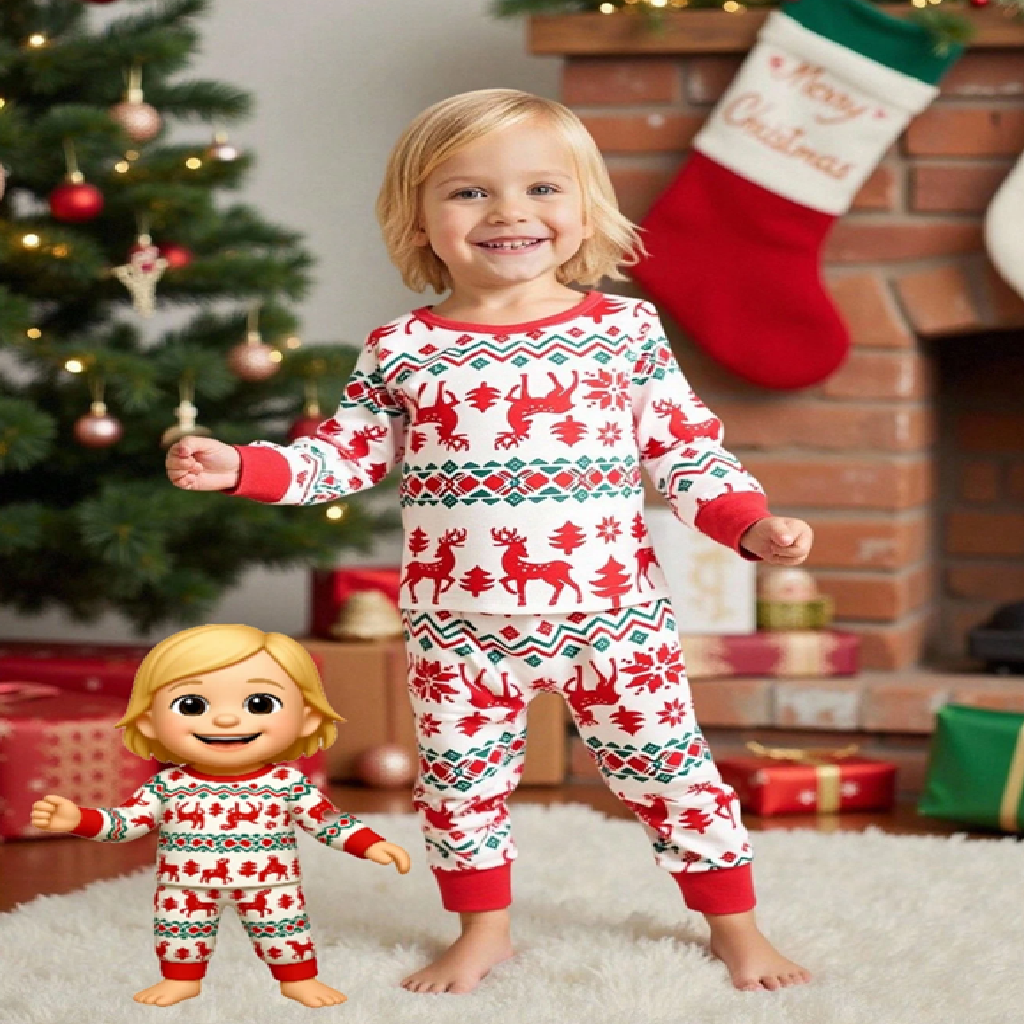 Child wearing a red and white Christmas pajama set with a matching doll in a festive room.