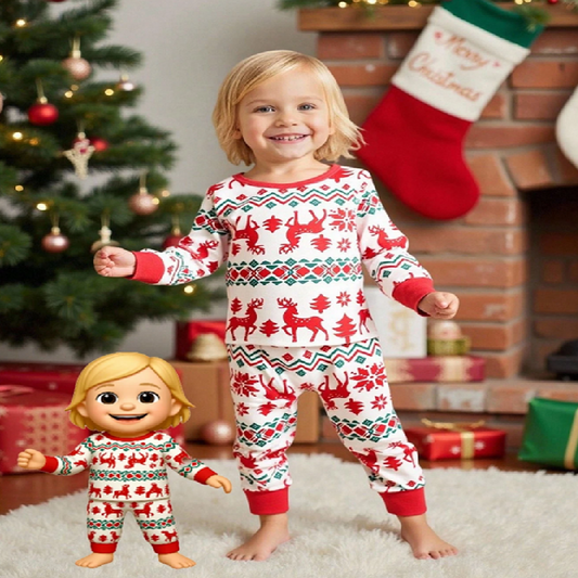 Child wearing a red and white Christmas pajama set with a matching doll in a festive room.