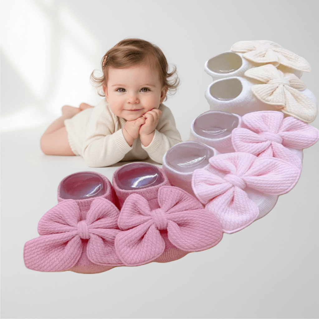 Set of pink baby booties with flower designs
