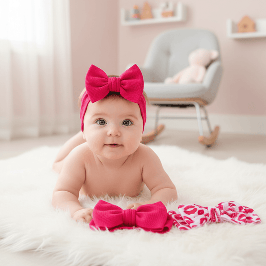 Two headbands with large bows, one pink and one with a red lip print on a white background.