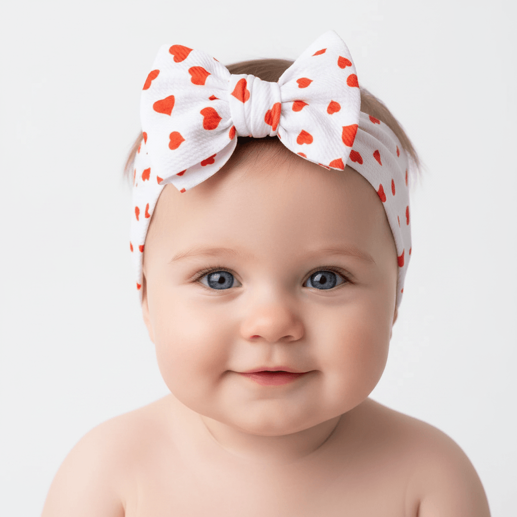 Two headbands, one red with a bow and one white with red heart patterns