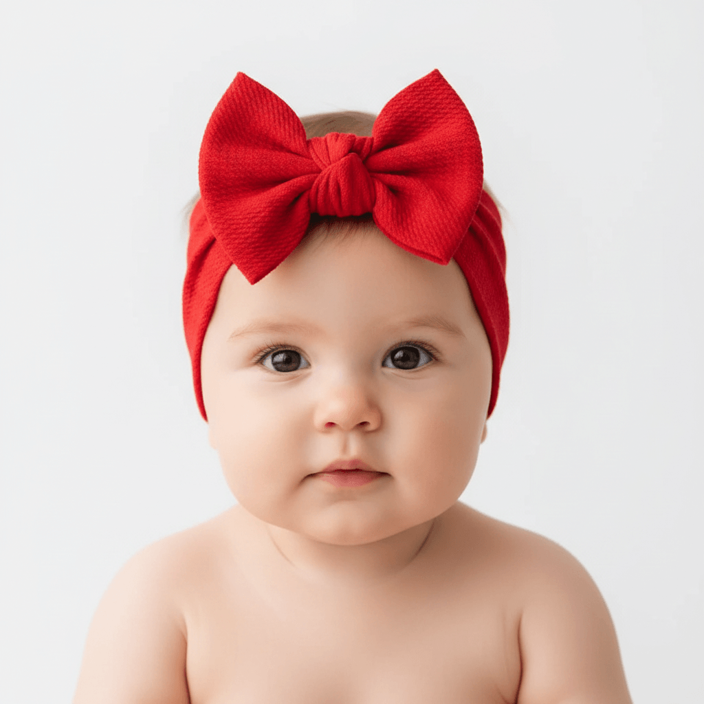 Two headbands, one red with a bow and one white with red heart patterns