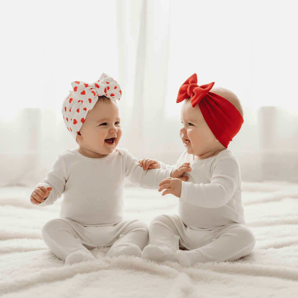 Two headbands, one red with a bow and one white with red heart patterns
