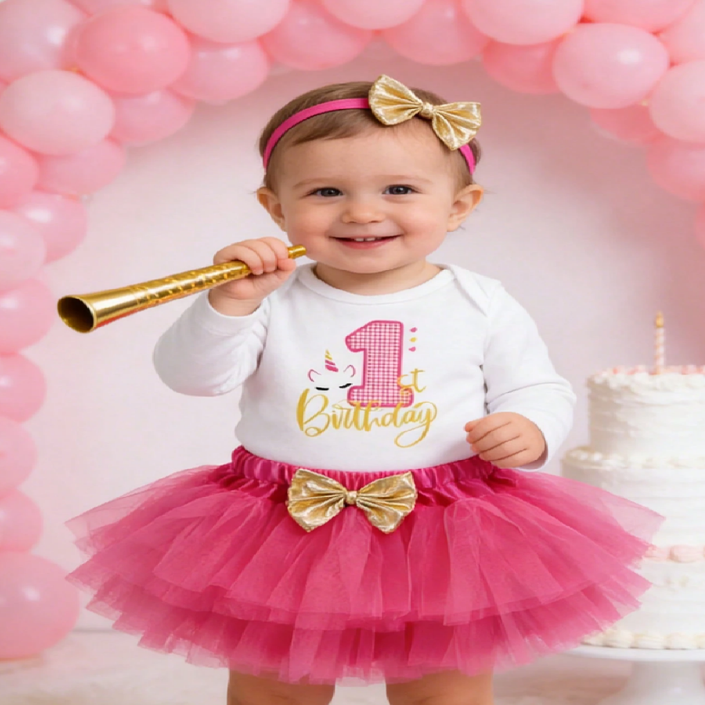 Baby in a first birthday outfit with pink tutu and gold bow, holding a horn with pink balloons in the background.