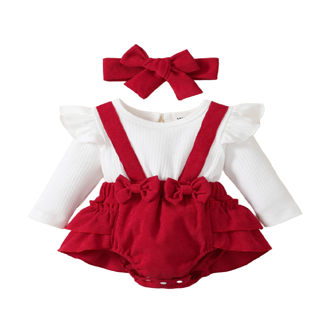 Baby outfit with red ruffled romper and headband