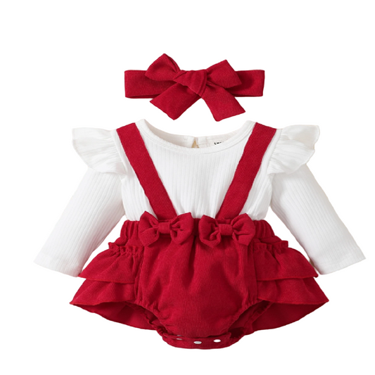 Baby outfit with red ruffled romper and headband