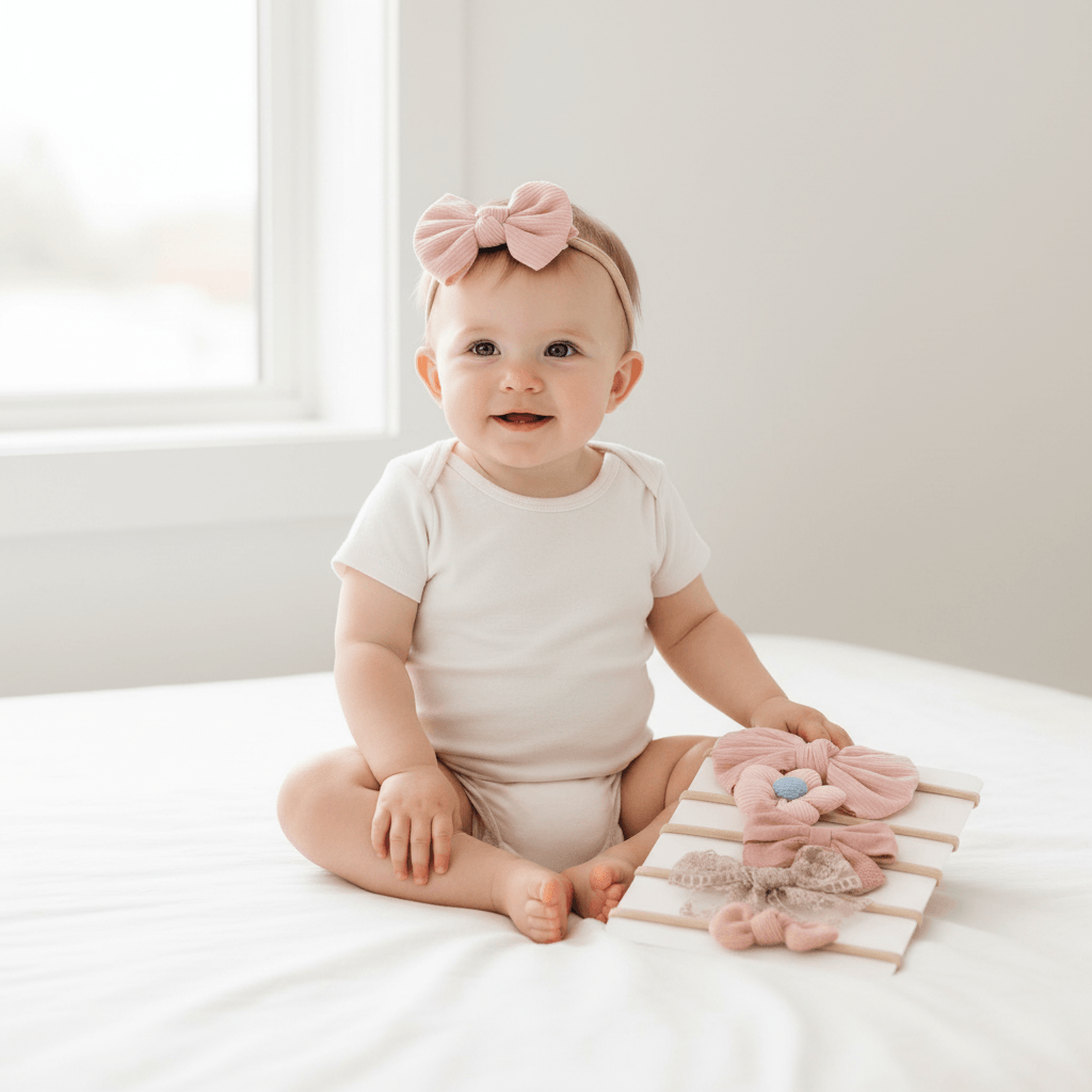 Set of pink hair bows with floral and lace details on a white background