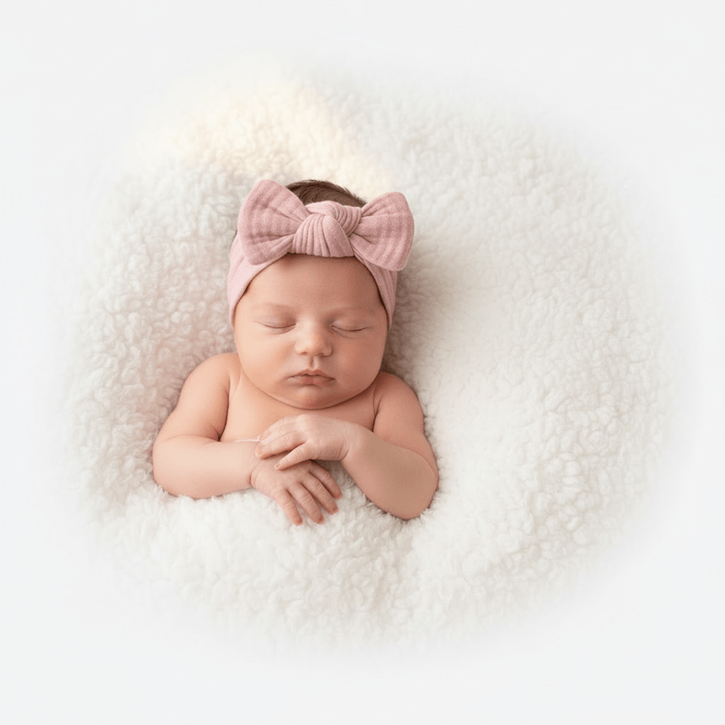Newborn baby wearing a pink bow headband on a white blanket