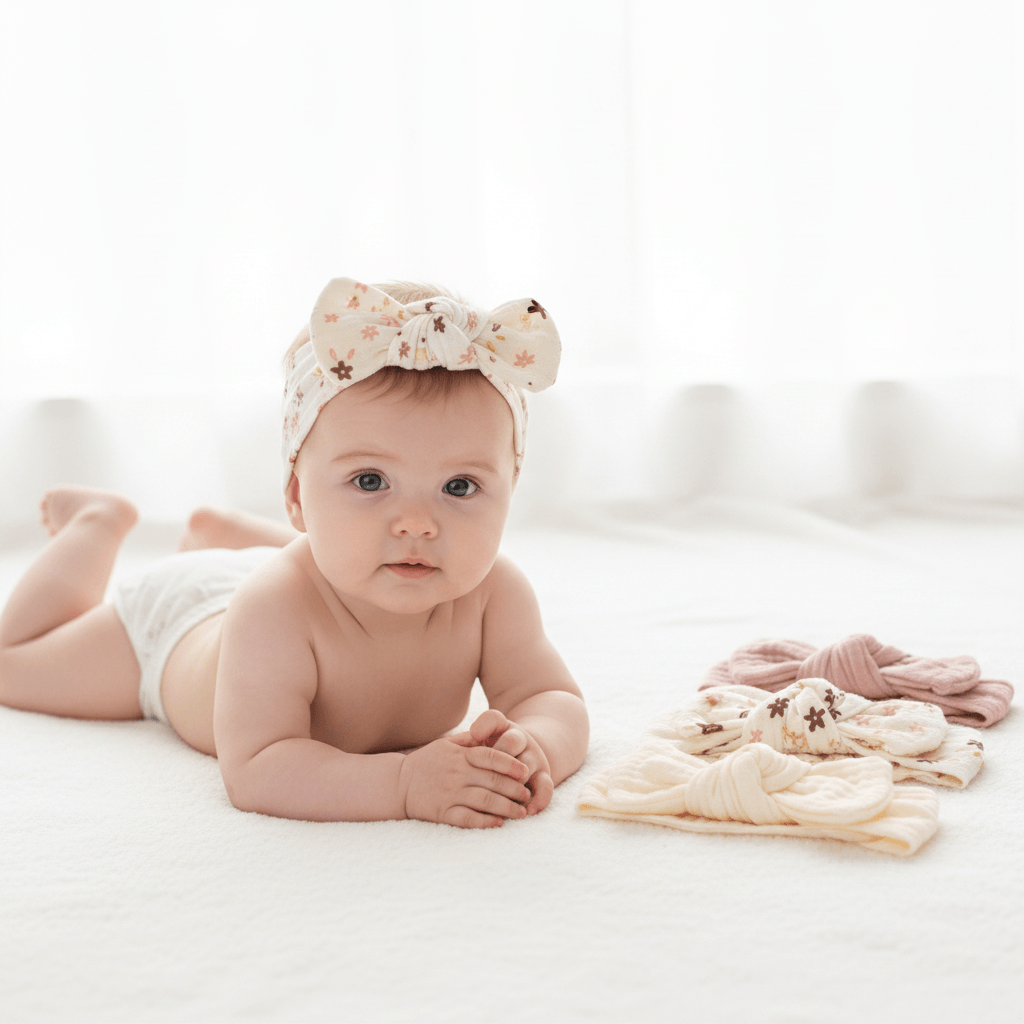 Baby lying on a white surface wearing a floral headband with baby clothes beside it.