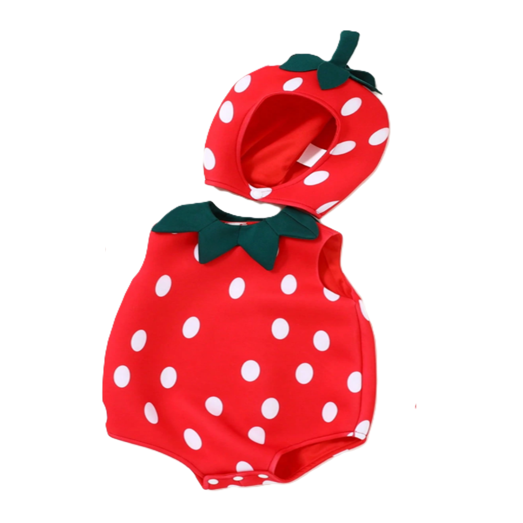 Strawberry-themed baby romper with a hood