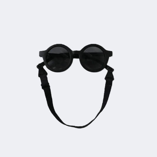 Black round sunglasses with a black strap on a white background