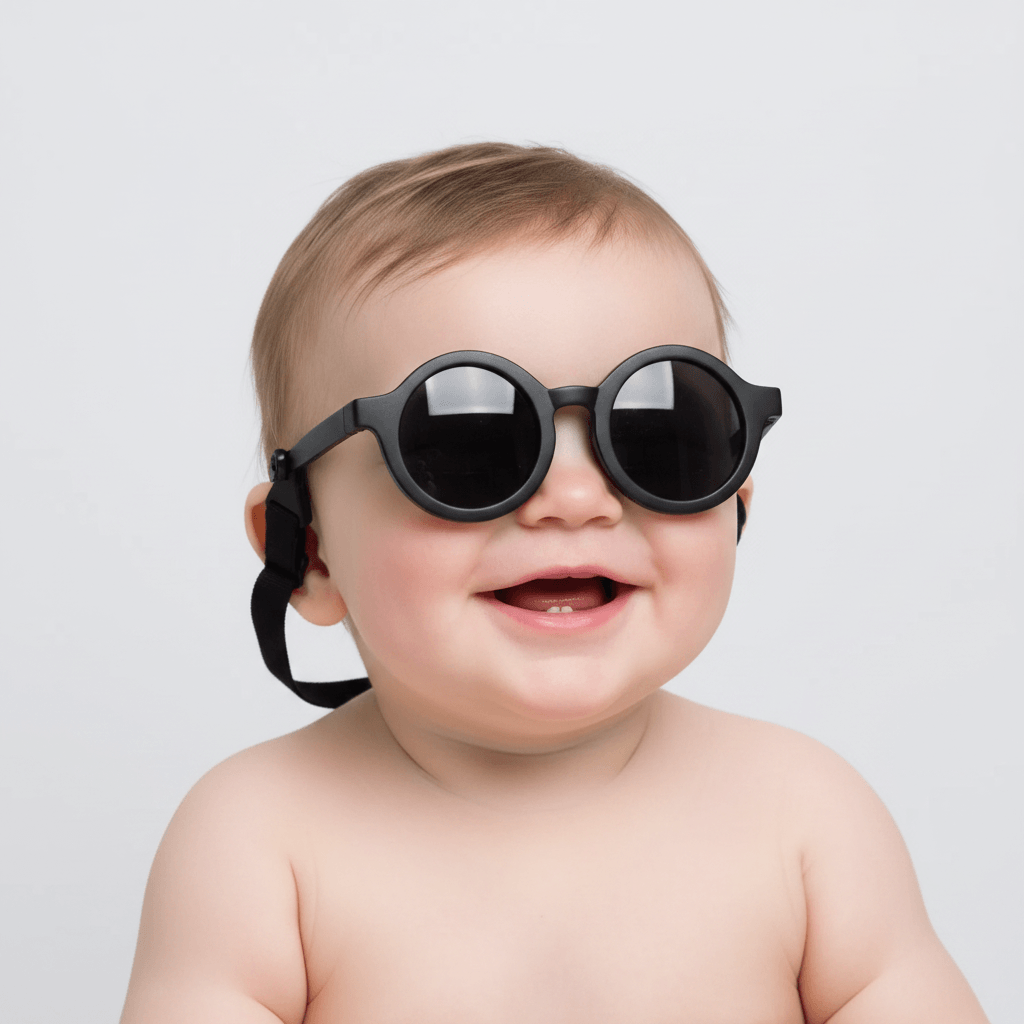 Baby wearing black sunglasses on a light gray background