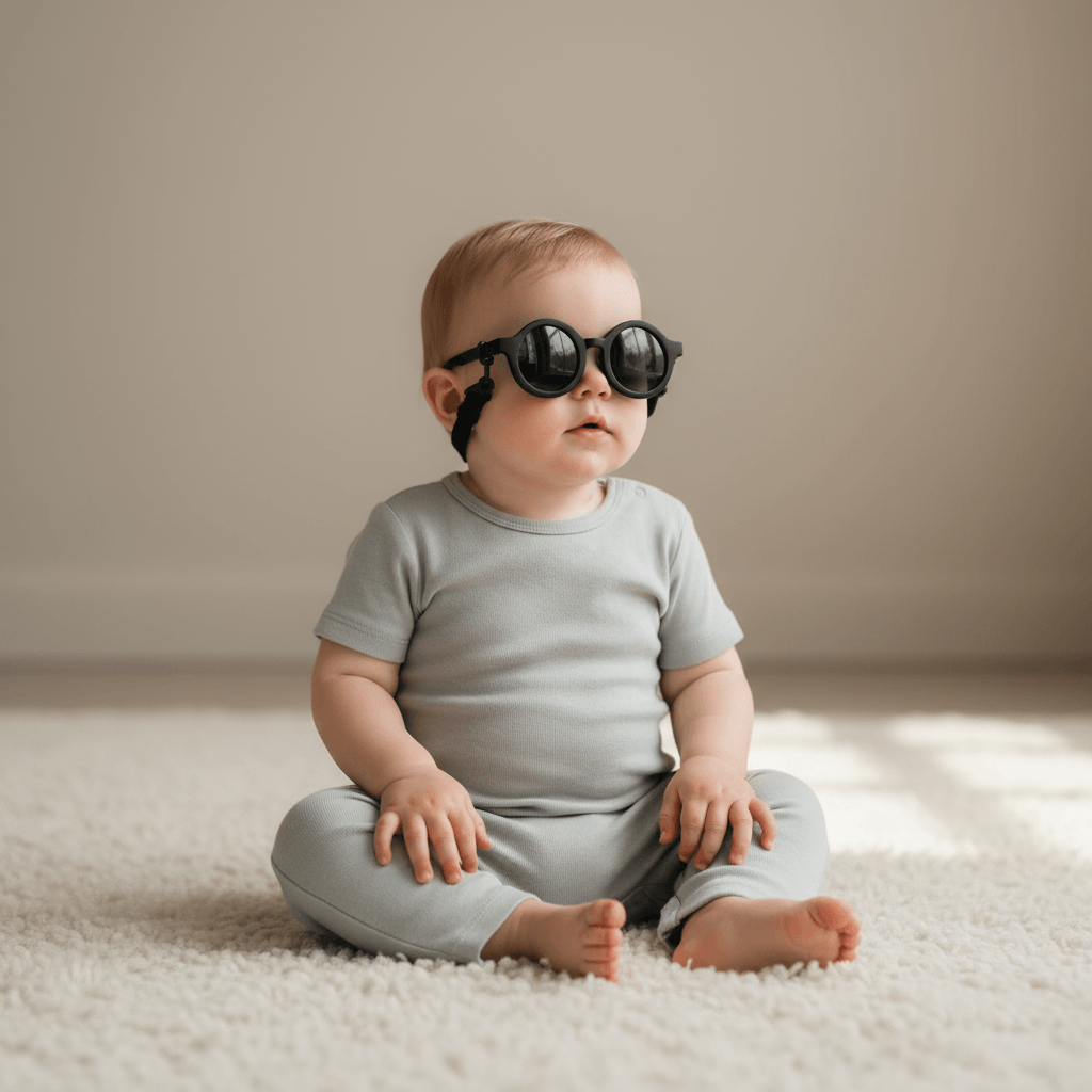 Baby wearing black sunglasses on a light gray background