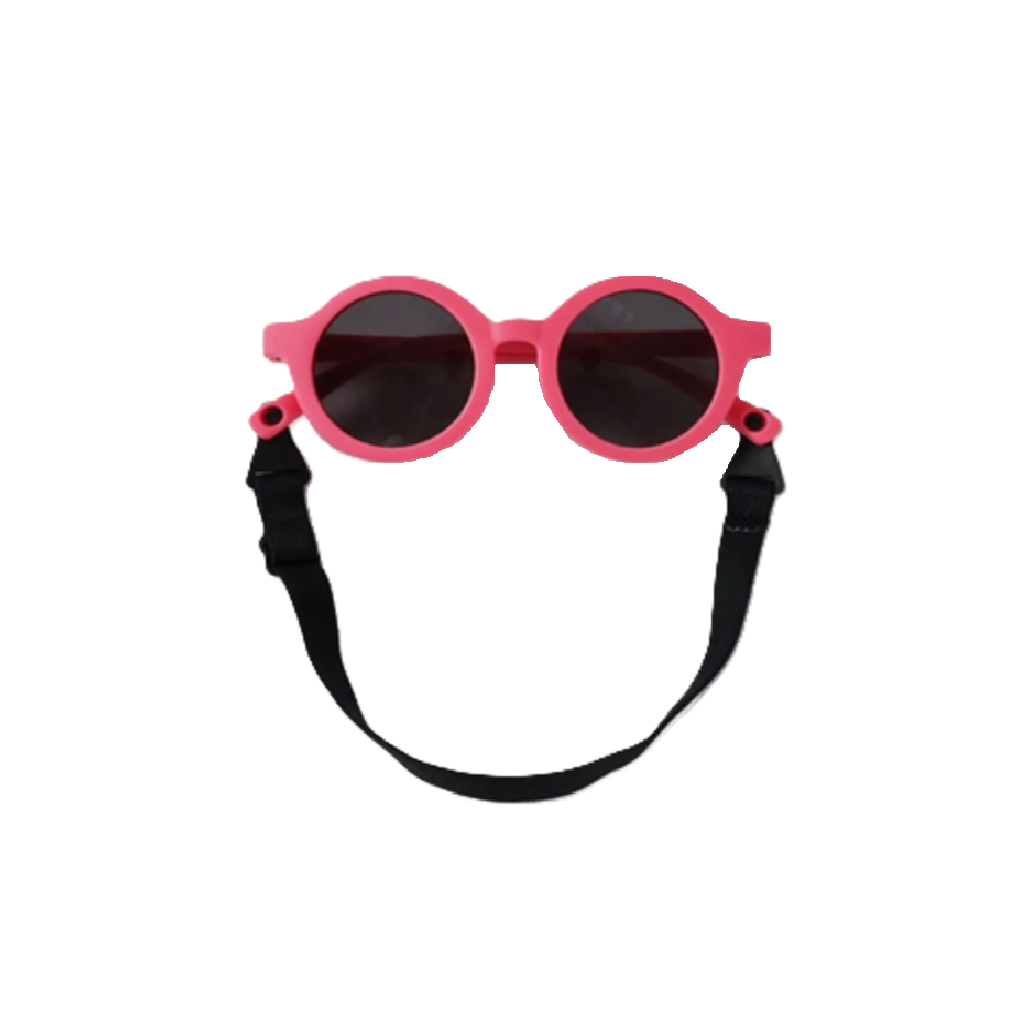 Pink sunglasses with a black strap