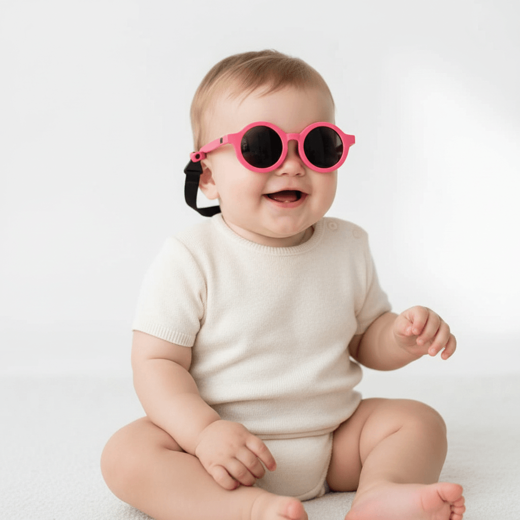 Baby wearing pink sunglasses on a white background