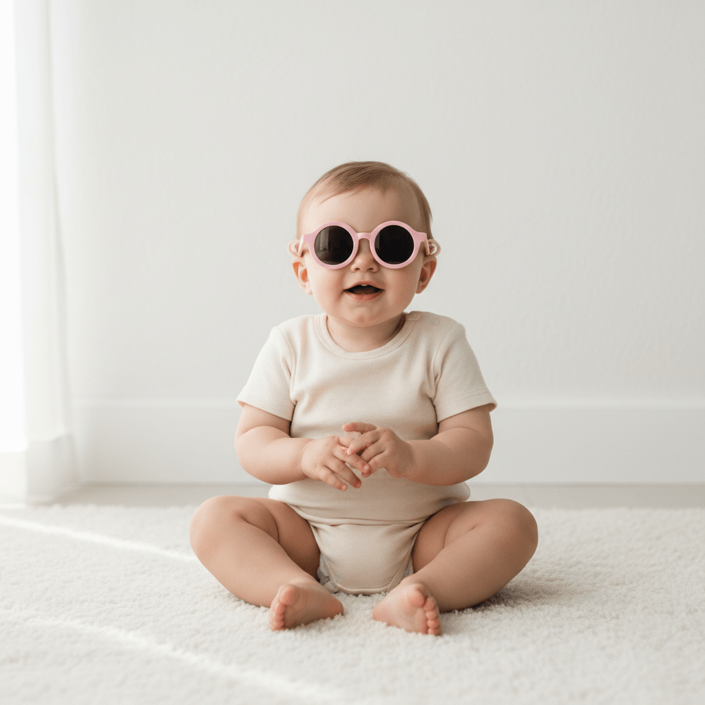 Baby wearing pink sunglasses on a white background