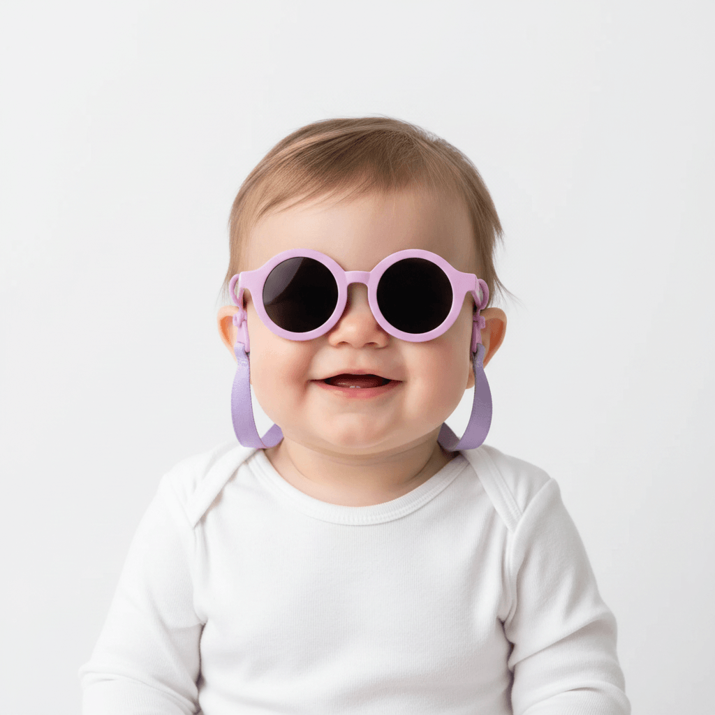 Baby wearing pink sunglasses with a white background