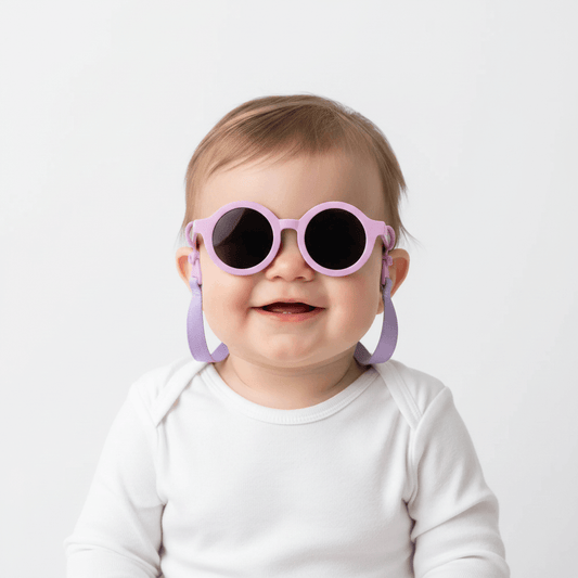 Baby wearing pink sunglasses with a white background