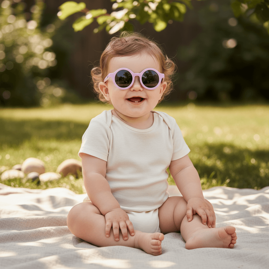 Baby wearing pink sunglasses with a white background