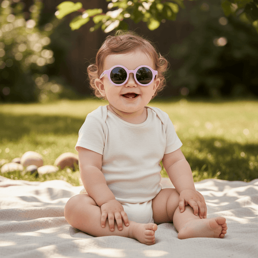 Baby wearing pink sunglasses with a white background
