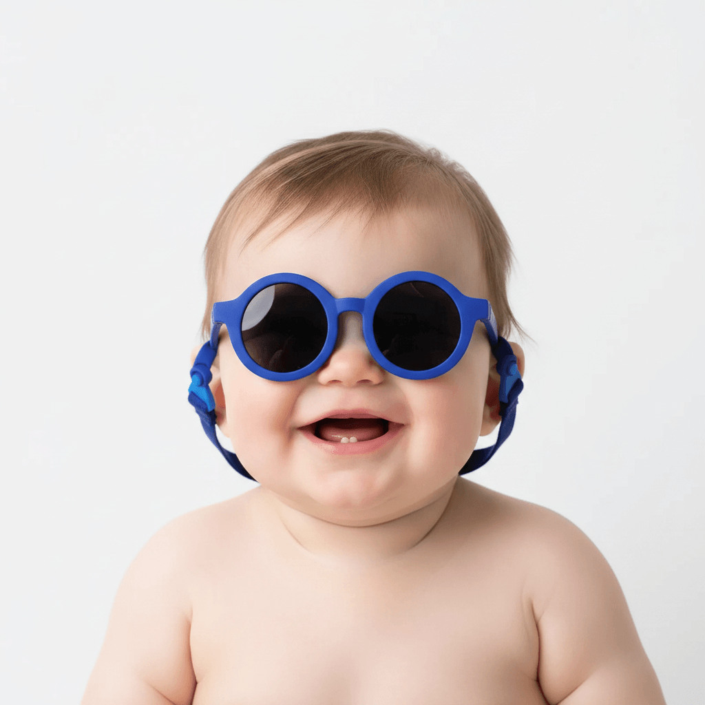 Baby wearing blue sunglasses on a white background