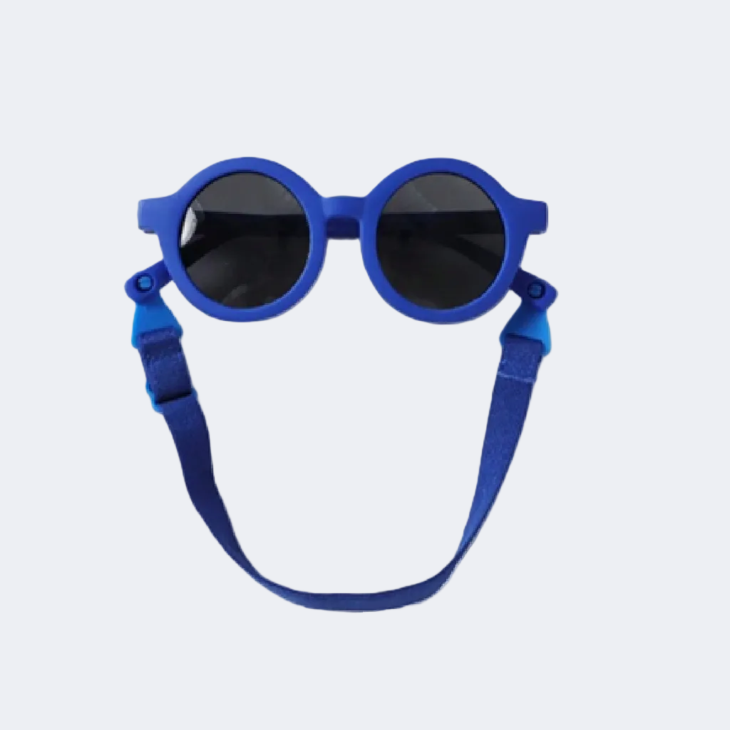 Blue sunglasses with a matching blue strap on a light gray background