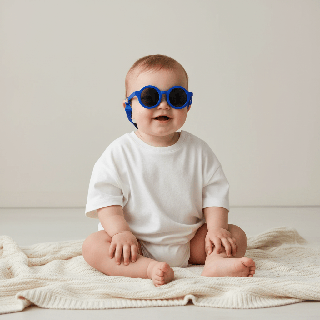 Baby wearing blue sunglasses on a white background