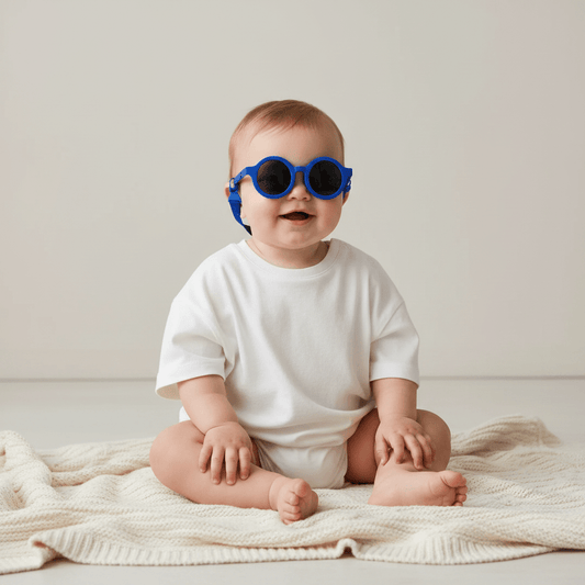 Baby wearing blue sunglasses on a white background