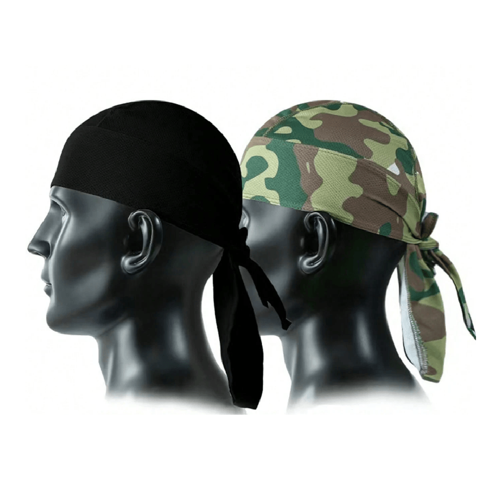Two black mannequin heads wearing duka bands, one solid black and the other in a green and brown camouflage pattern, shown in profile against a white background.
