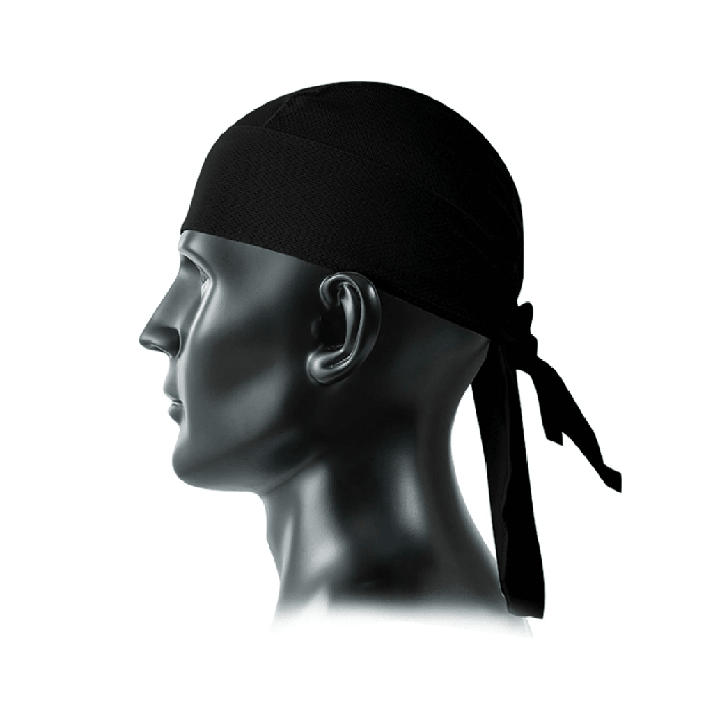 A black fabric drape cap or bandana shown on a glossy black mannequin head in profile against a plain white background.