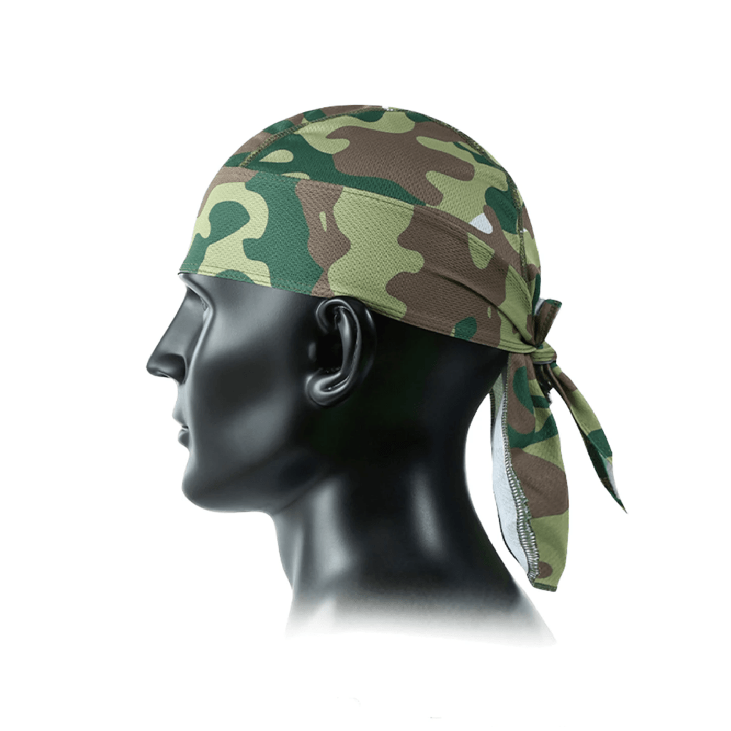 A camouflage-patterned bandana headwrap tied around a black mannequin head, shown in profile against a plain white background.