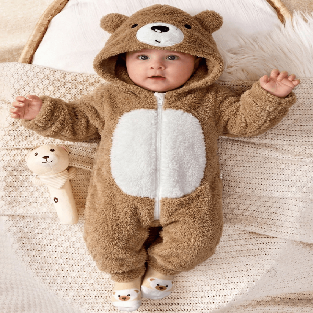A baby wearing a plush brown bear hooded footie suit lies on a cream knit blanket. The one-piece outfit has a white belly patch, a front zipper, and a bear face on the hood.