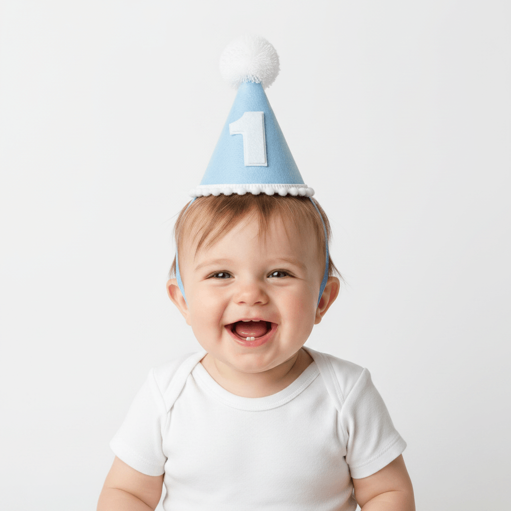 Blue birthday hat with white number '1' against a colorful background