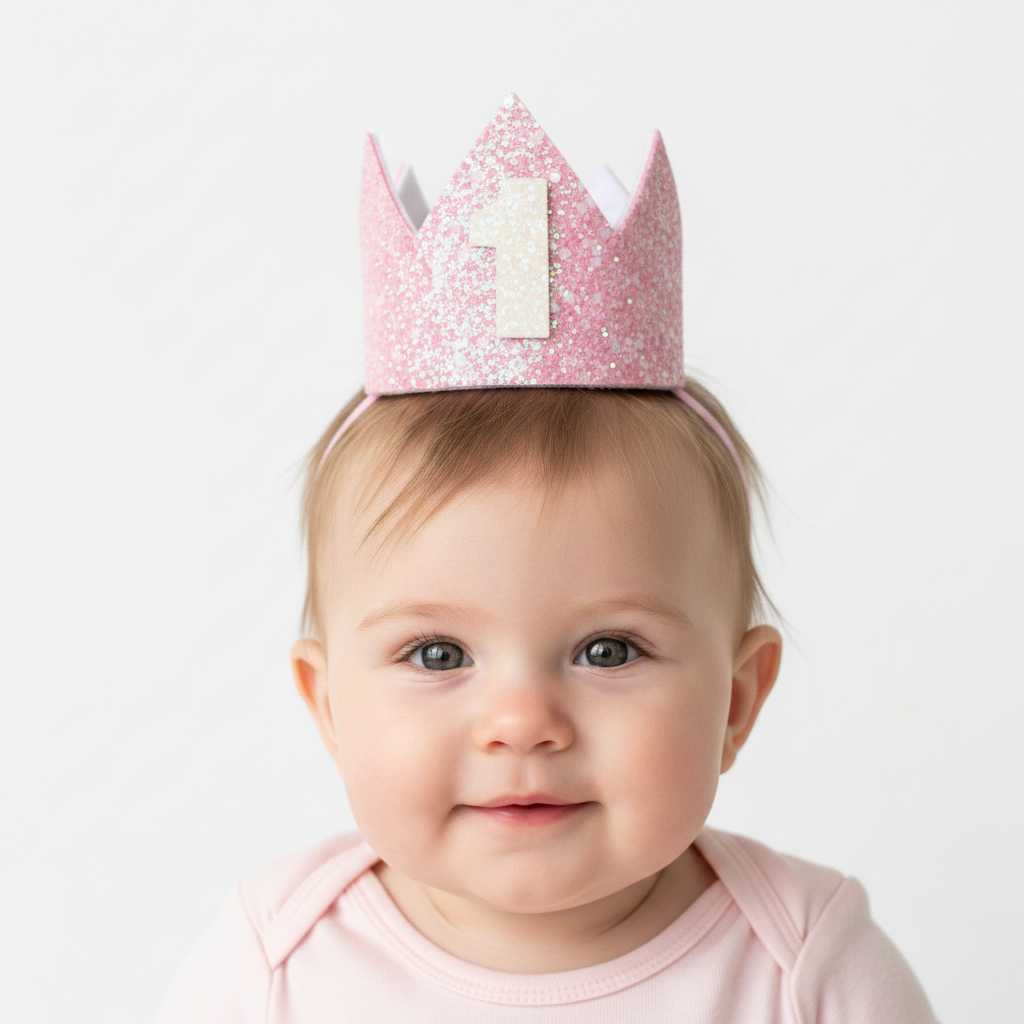 Pink glittery birthday crown with number '1' on a light gray background