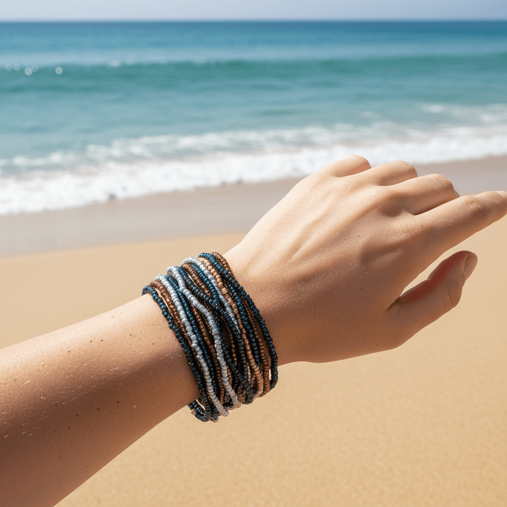 Hand wearing a bracelet with ocean and beach in the background