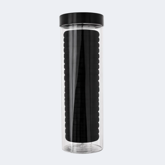 Clear tumbler with black lid and textured black interior on a white background